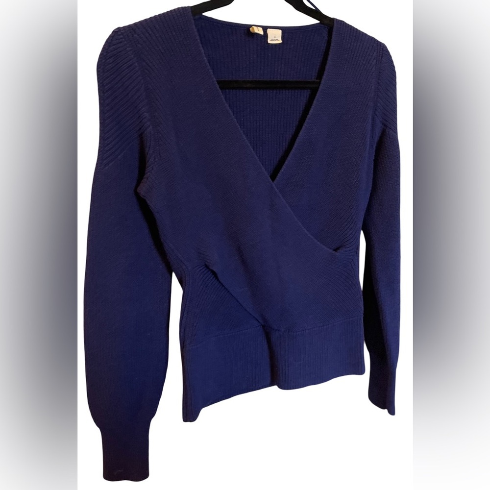 MOTH Anthropologie Women's Liza Blue Ribbed Faux Wrap Front Sweater Sz S